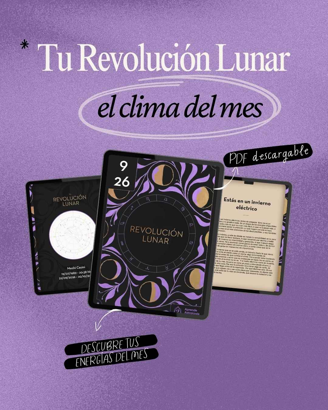 Informe Tu Revolución Lunar en tres tablets: portada, carta y una página interior